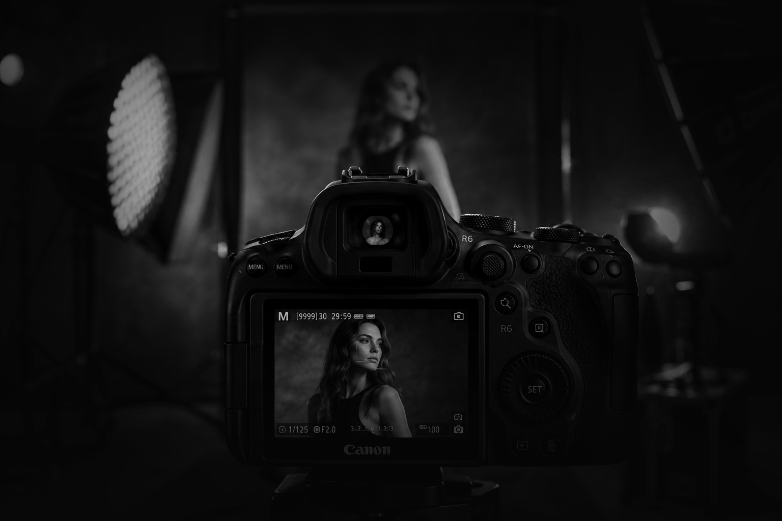 Fotocamera in een donkere studio met model en softbox op de achtergrond